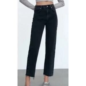 Zara Women's Black Dark Wash Raw Hem Denim Cropped Straight Leg Jeans Size 10
